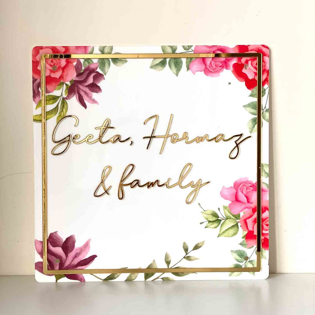 Personalised Pink Floral Square Acrylic Nameplate