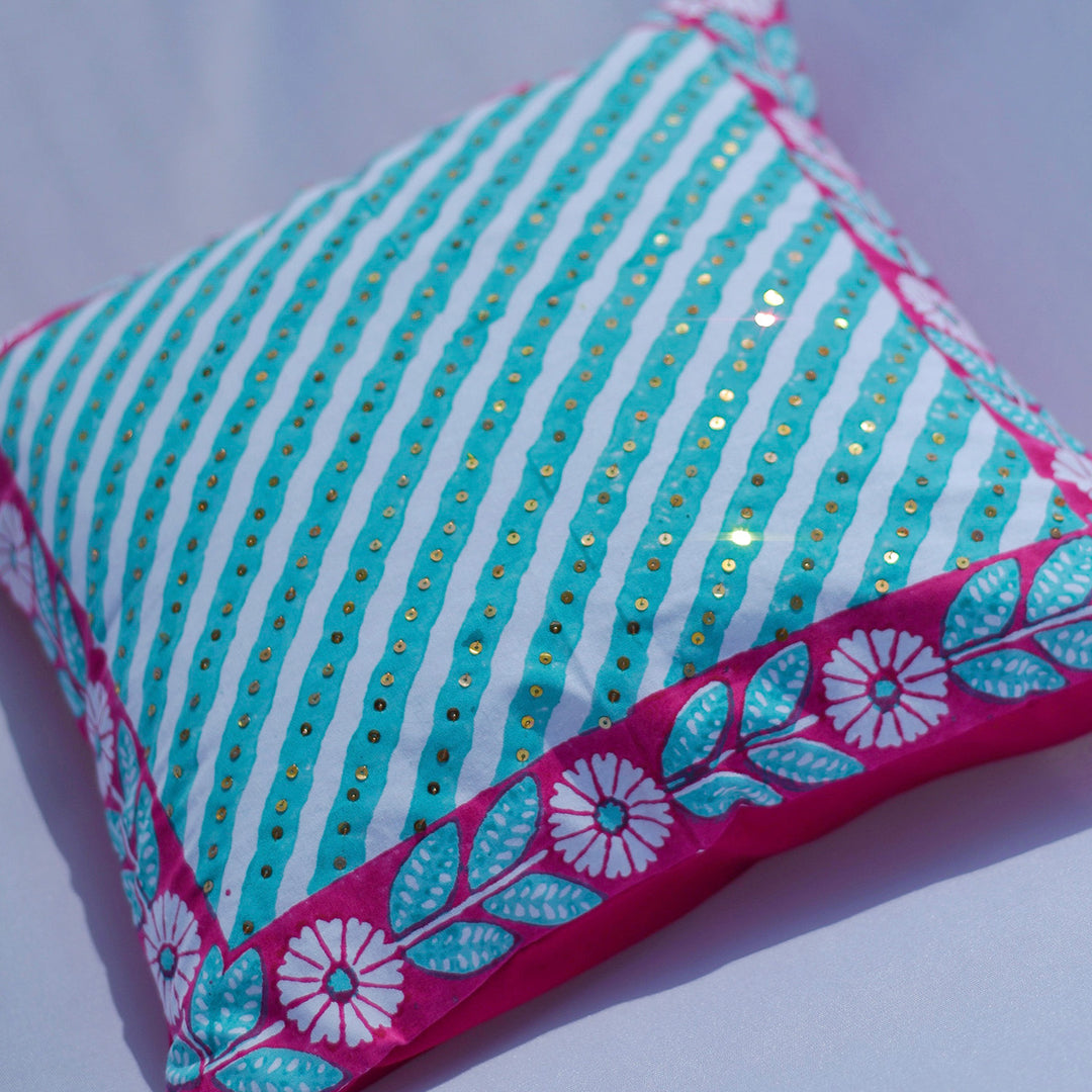 Blue Striped Floral Printed Cotton Cushion Cover