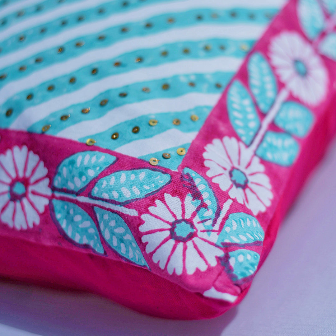 Blue Striped Floral Printed Cotton Cushion Cover