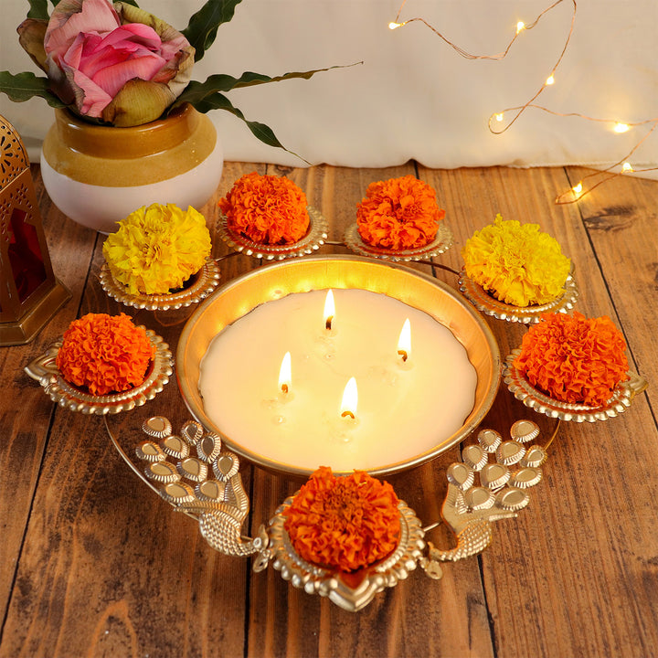 Handmade Peacock Decorative Brass Urli Soy Wax Scented Candle For Festive Decor