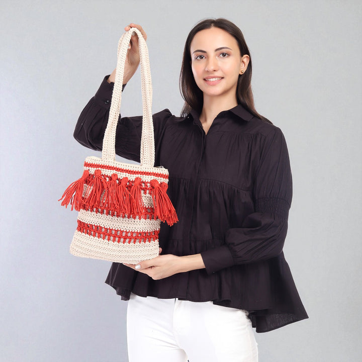 Handmade Crochet Red & White Tasseled Shoulder Bag