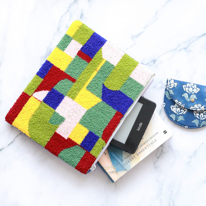 Hand Embroidered Cityescape Cotton Tablet Sleeve | 8 x 6 Inch