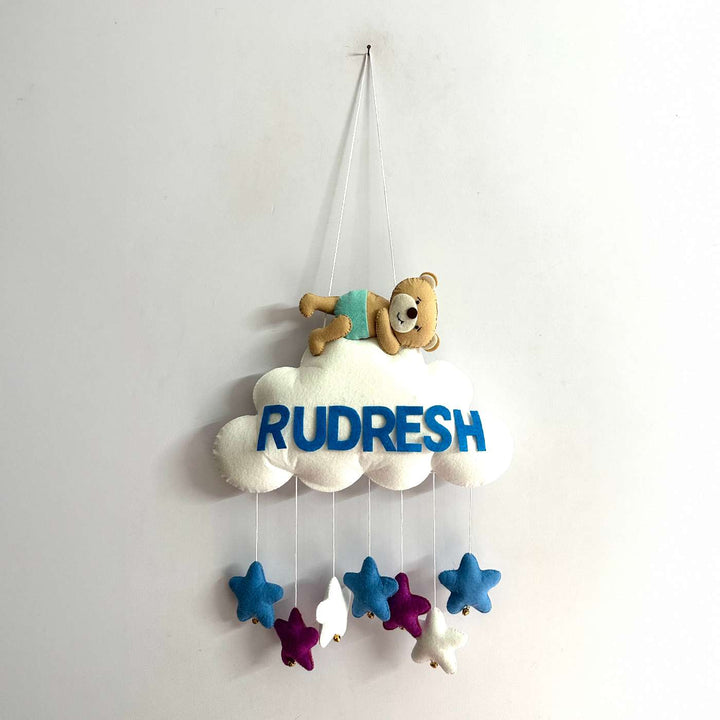 Personalized Handmade Teddy On Cloud Theme Felt Kids Name Plate