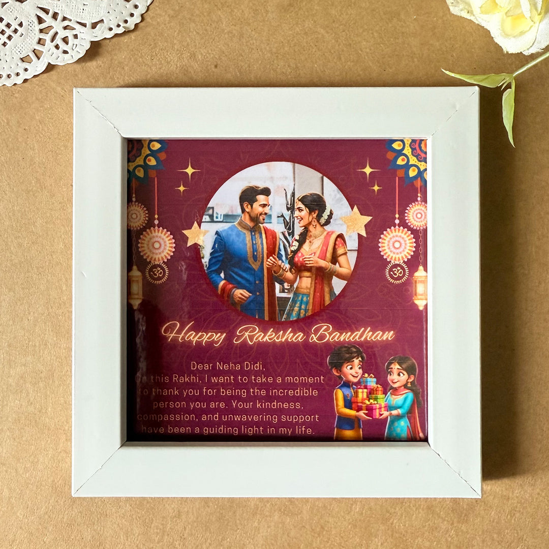 Rakhi Gift Hamper For Sister | Includes 1 Mini Photo Frame, 1 Rakhi, 1 Roli Chawal, 1 Letter And 2 Diary Milk