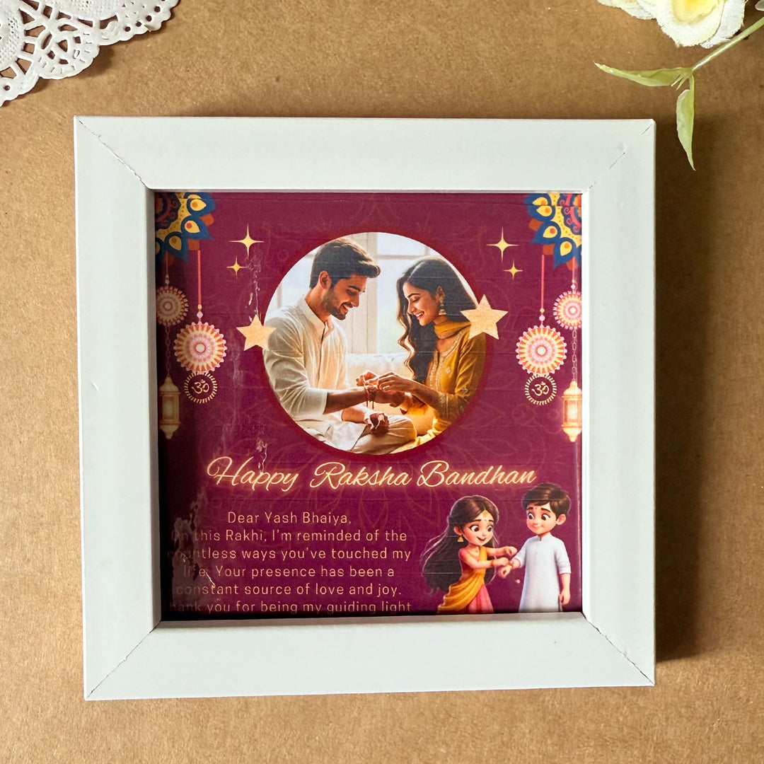 Rakhi Gift Hamper For Brother | Includes 1 Mini Photo Frame, 1 Rakhi, 1 Roli Chawal, 1 Letter And 2 Diary Milk