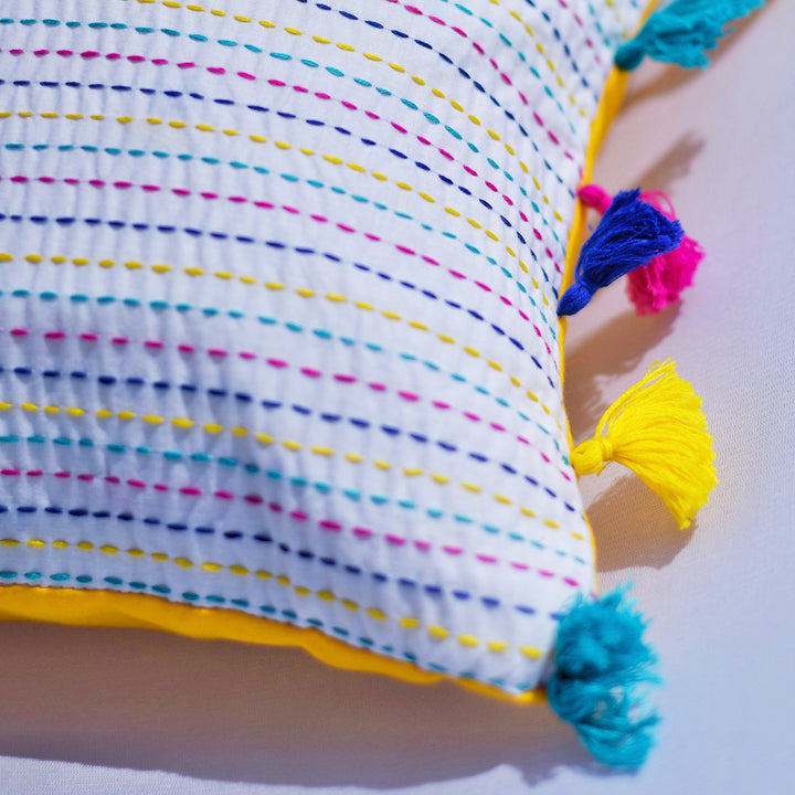 Multicolor Kantha Cotton Cushion Cover With Tassel