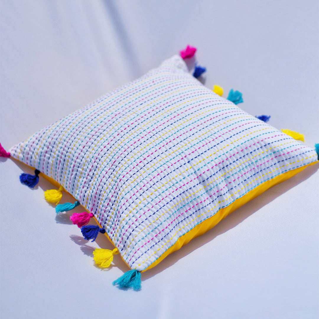 Multicolor Kantha Cotton Cushion Cover With Tassel