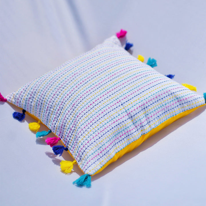 Multicolor Kantha Cotton Cushion Cover With Tassel