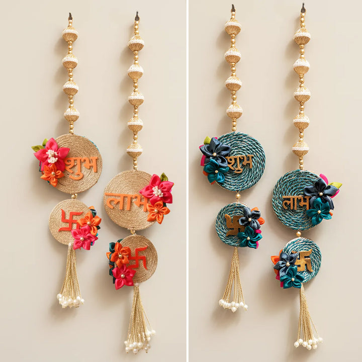 Handmade Beaded Reversible Floral Shubh Labh Hangings | Set Of 2