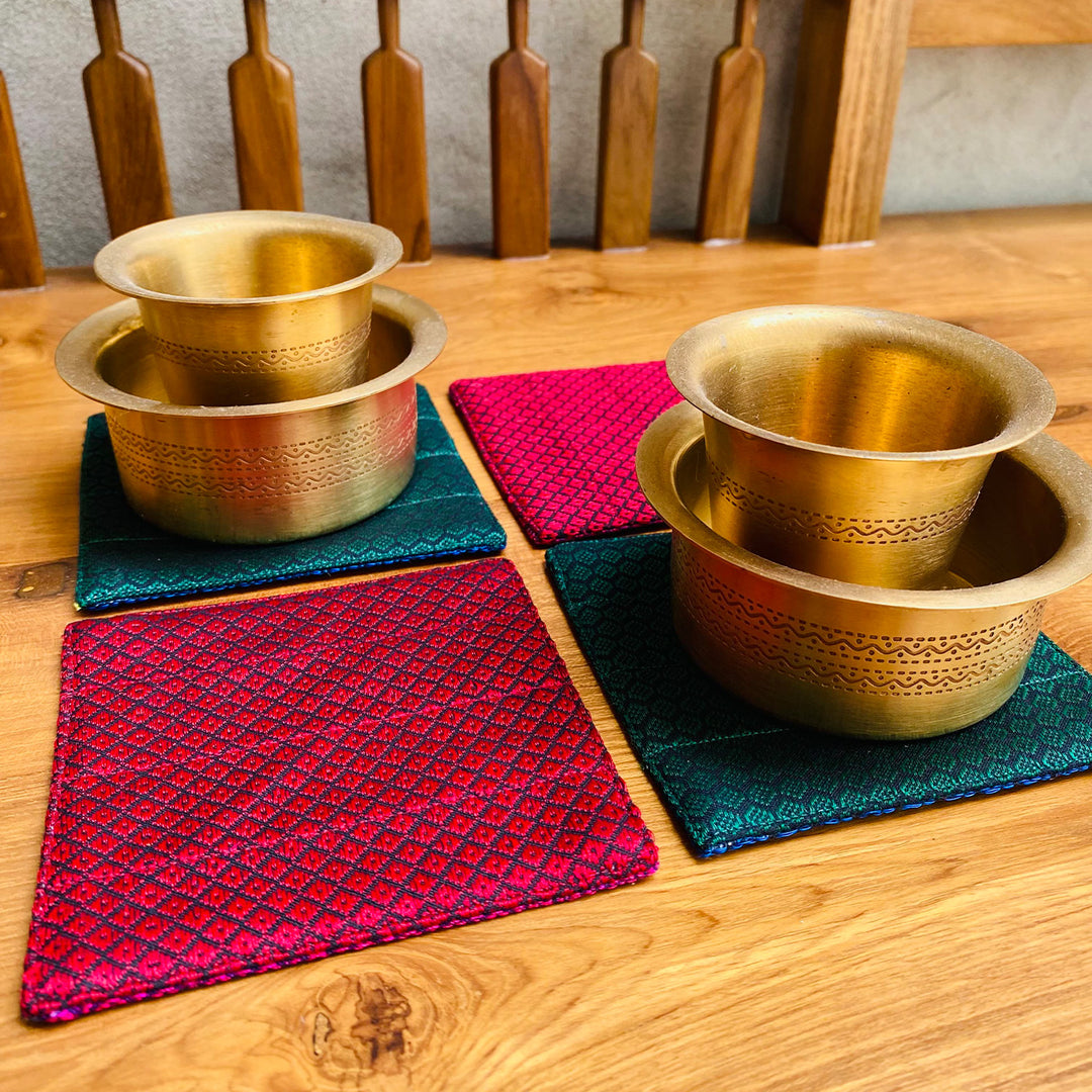 Reversible Handmade Red & Green Khunn Fabric Cotton Coasters | Set Of 4