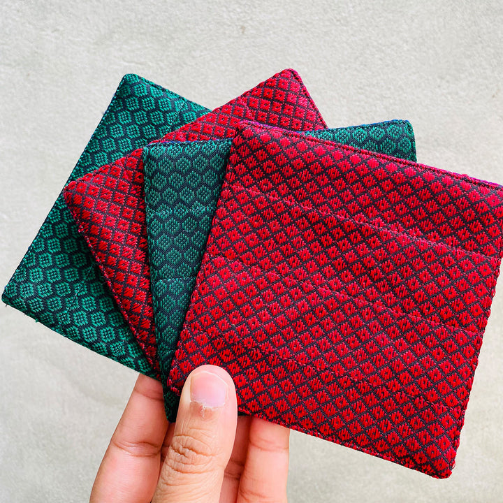 Reversible Handmade Red & Green Khunn Fabric Cotton Coasters | Set Of 4
