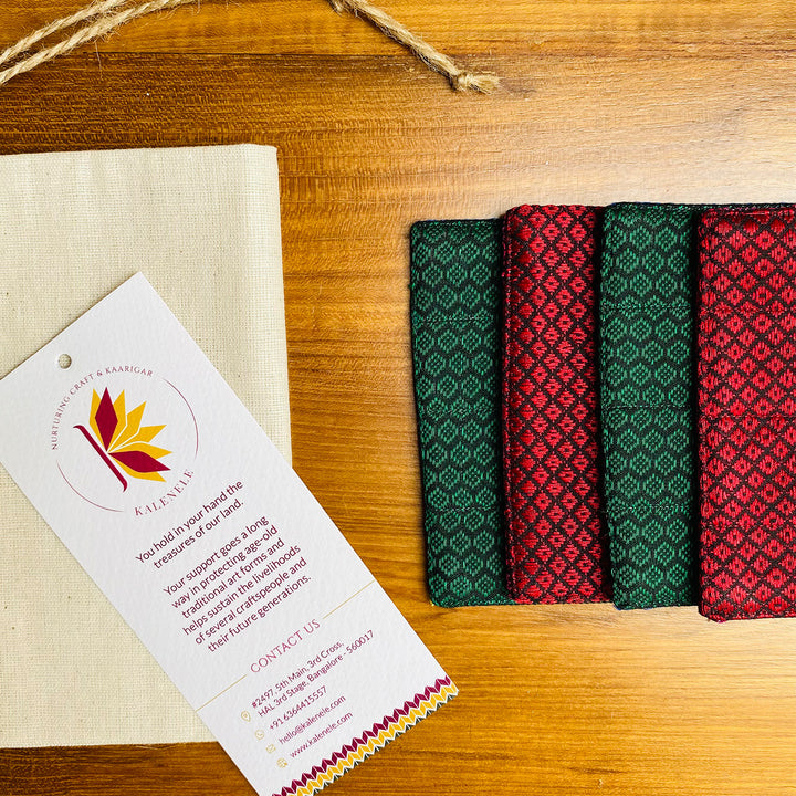 Reversible Handmade Red & Green Khunn Fabric Cotton Coasters | Set Of 4