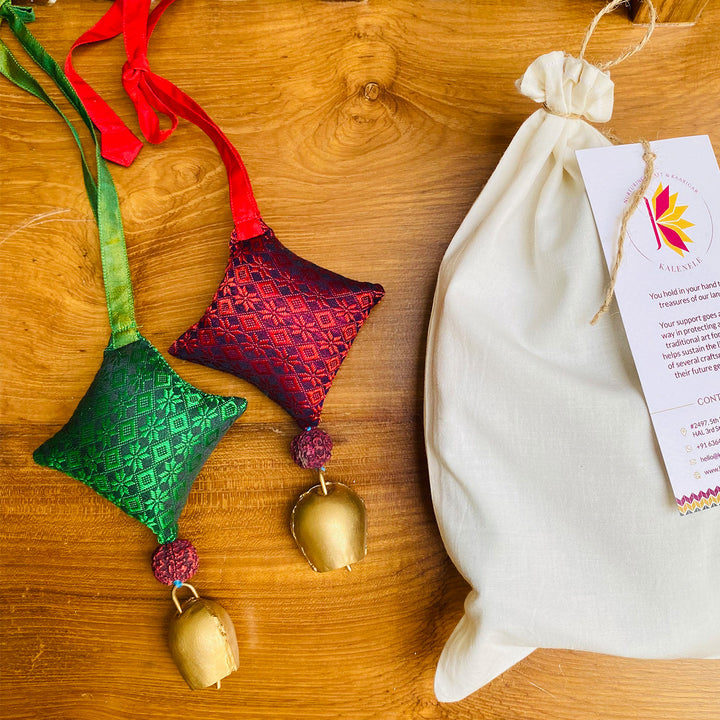 Handmade Red & Green Kite Shaped Rudraksh Khunn Fabric Chirstmas Hangings | Set Of 2