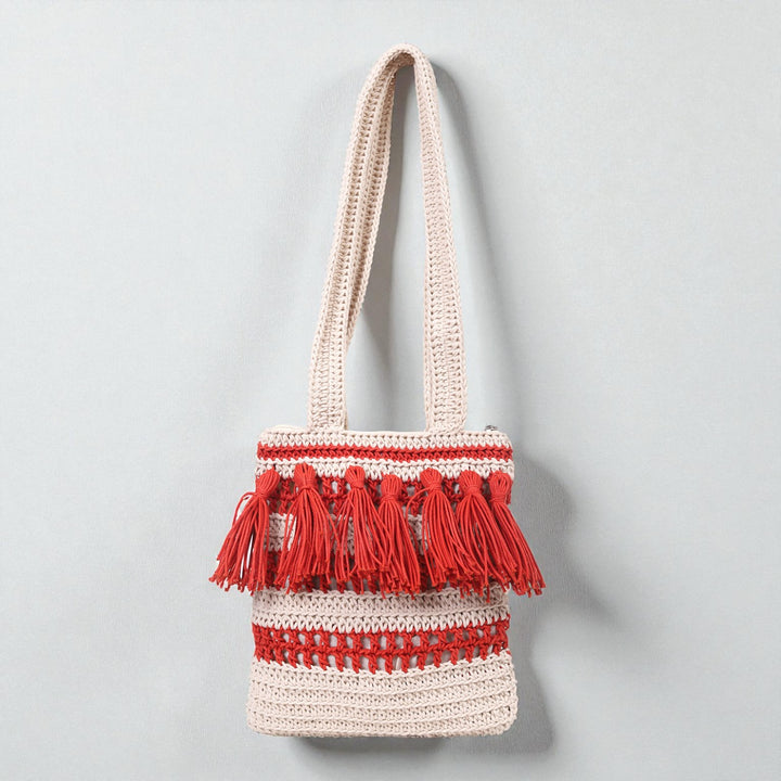 Handmade Crochet Red & White Tasseled Shoulder Bag