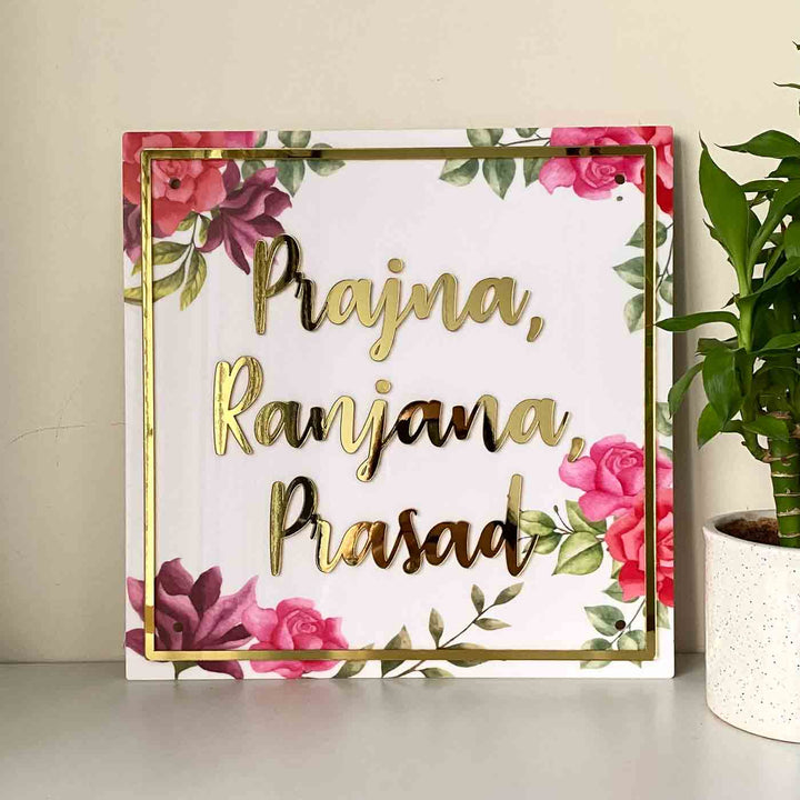 Personalised Pink Floral Square Acrylic Nameplate