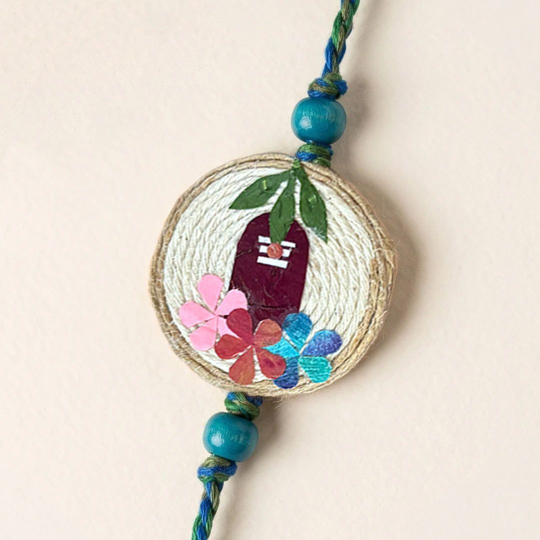 Handmade Pressed Flower Art Shivling Jute Rakhi With Roli Chawal For Bhaiya