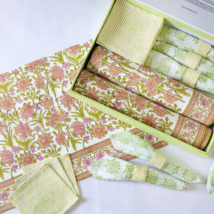 Pink Wildflower Hand Block Printed Table Linen Set