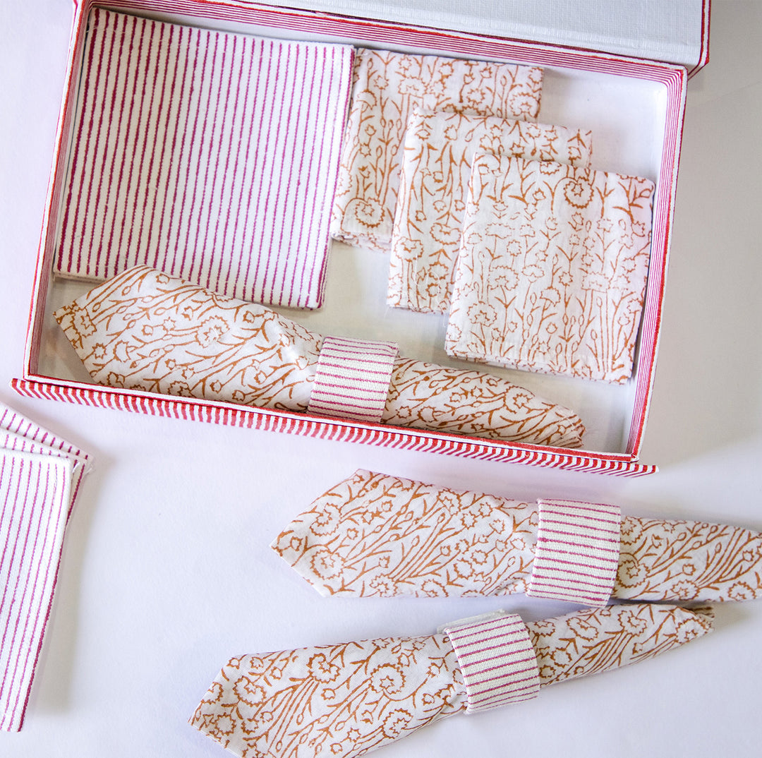 Chocolate Pansy Hand Block Printed Table Linen Set