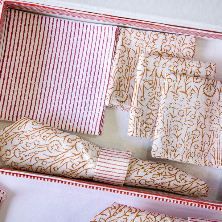 Chocolate Pansy Hand Block Printed Table Linen Set