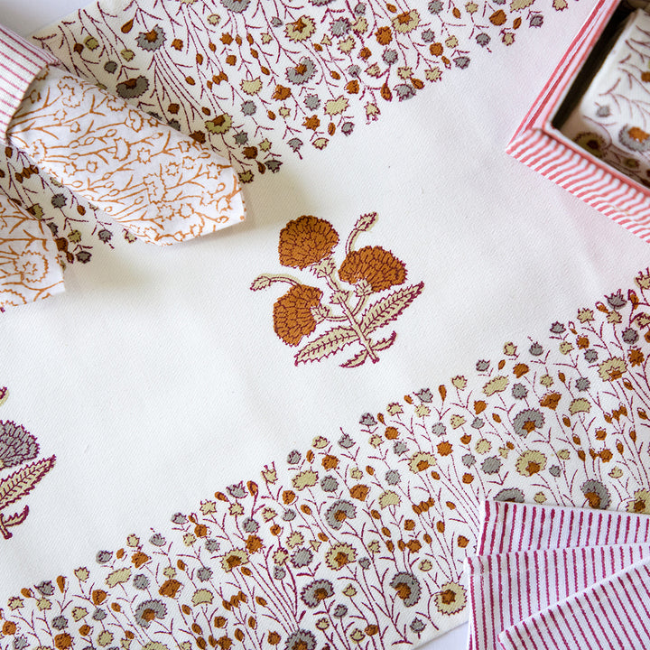 Chocolate Pansy Hand Block Printed Table Linen Set