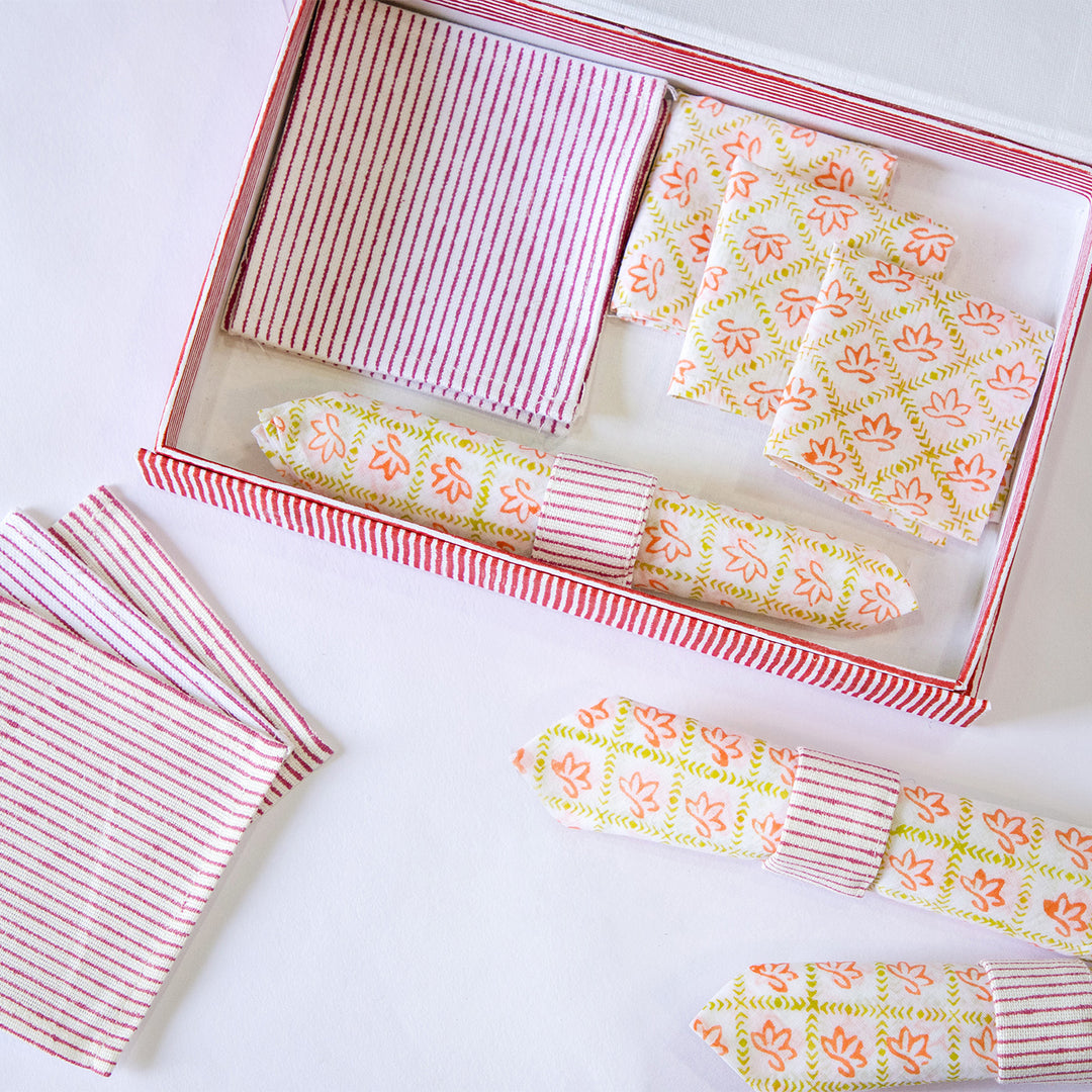 Chocolate Pansy Hand Block Printed Table Linen Set