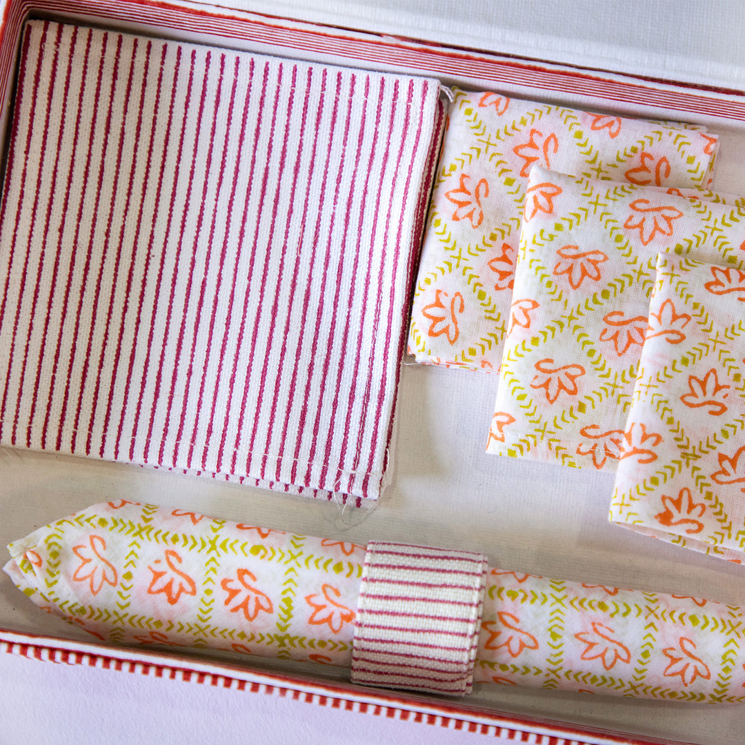 Chocolate Pansy Hand Block Printed Table Linen Set