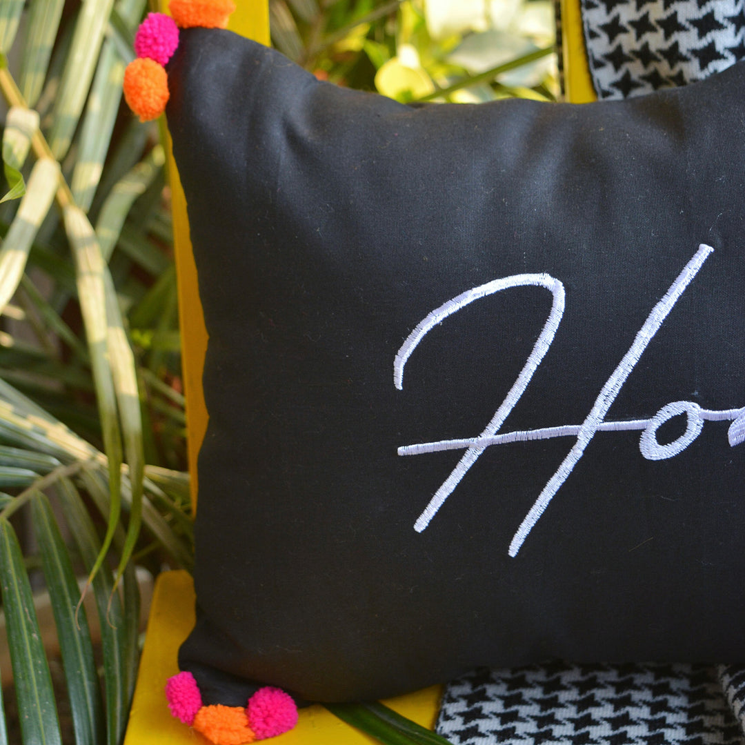 Black Cotton Home Pom Pom Cushion
