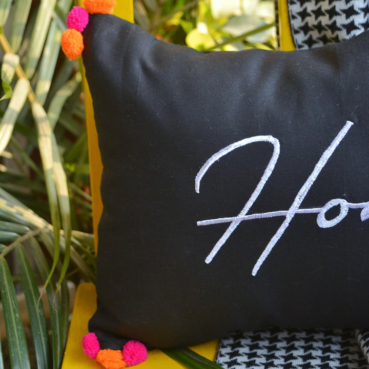 Black Cotton Home Pom Pom Cushion