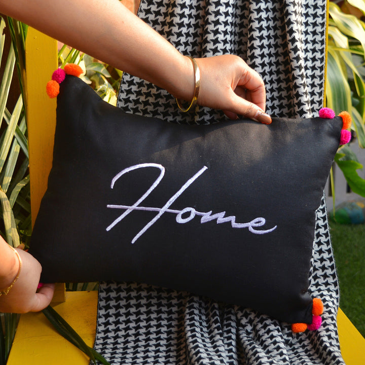 Black Cotton Home Pom Pom Cushion