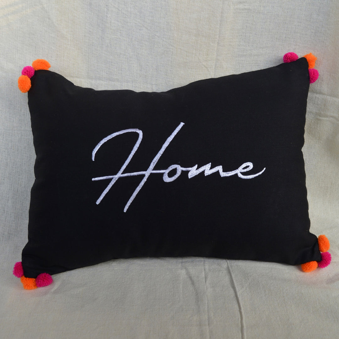 Black Cotton Home Pom Pom Cushion