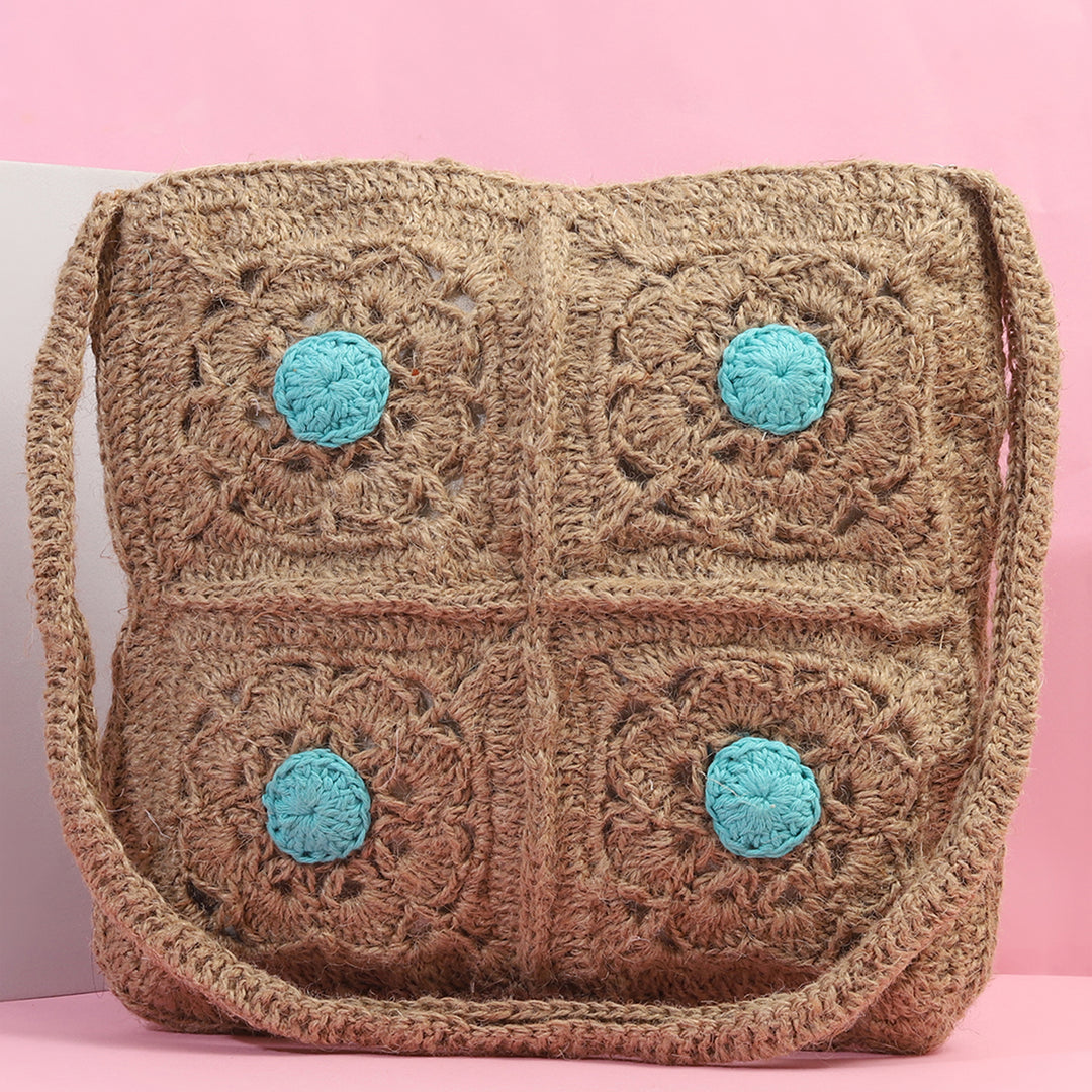 Handmade Crochet Brown & Blue Sling Bag