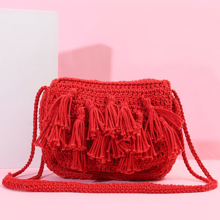Handmade Crochet Red Tassel Sling Bag
