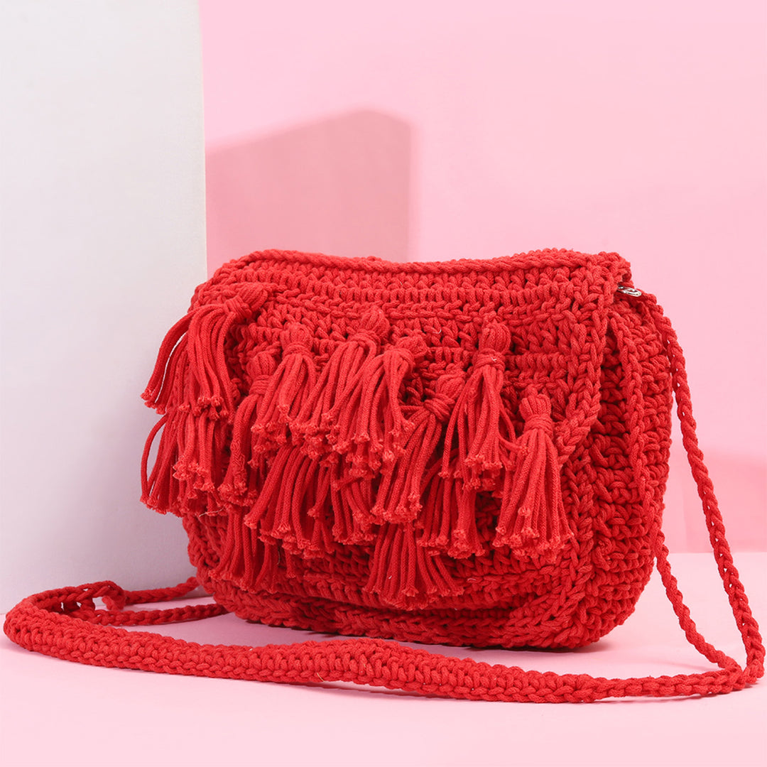Handmade Crochet Red Tassel Sling Bag