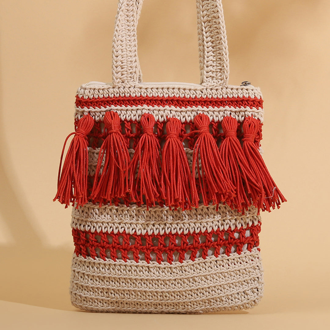 Handmade Crochet Red & White Tasseled Shoulder Bag