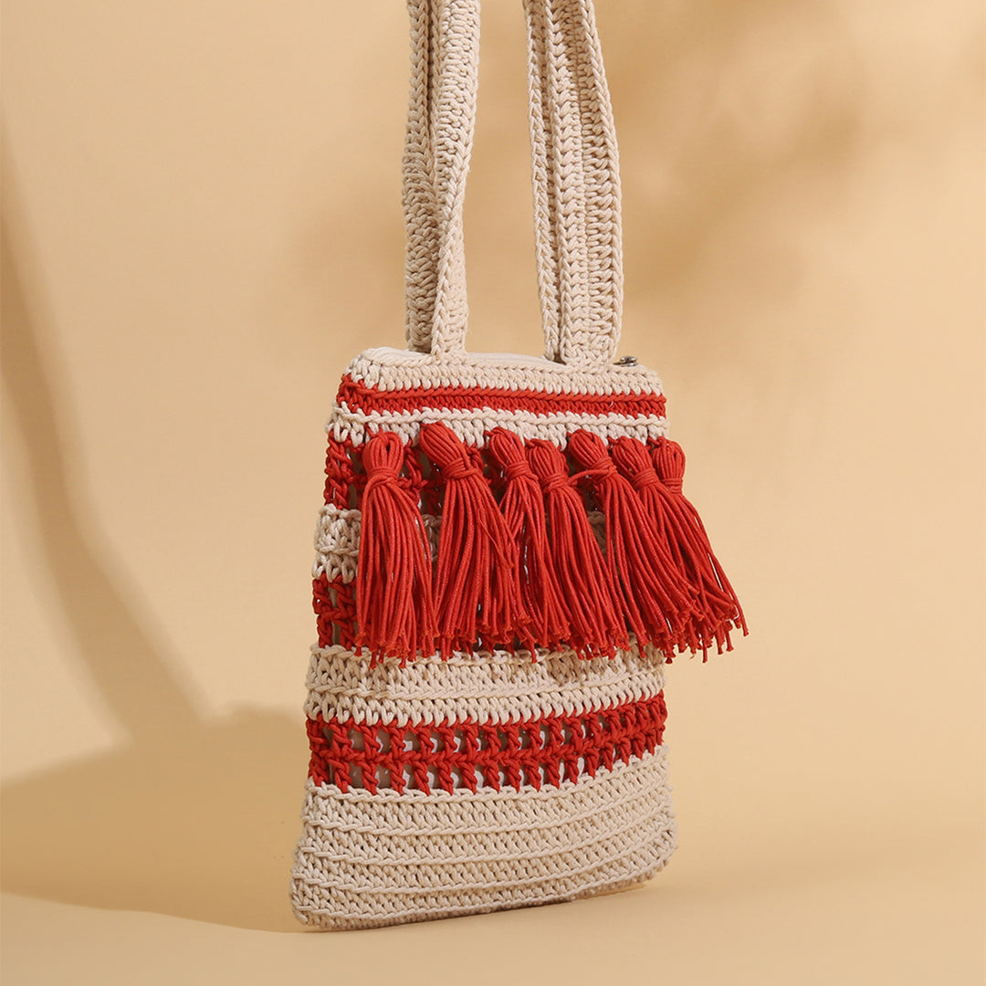 Handmade Crochet Red & White Tasseled Shoulder Bag