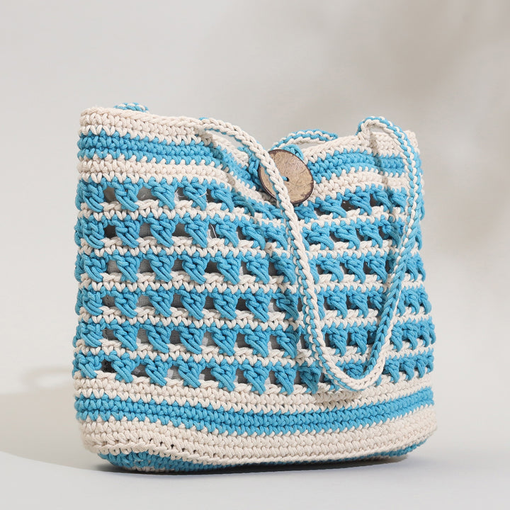 Handmade Crochet Blue & White Striper Bucket Handbag
