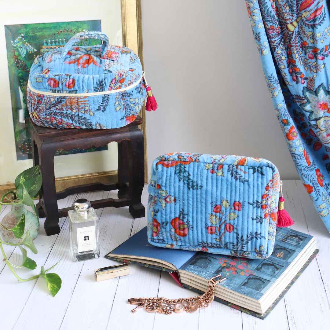 Handmade Printed Luxurious Velvel Quilted Cotton Makeup Pouch | Set Of 2 | 9 x 7 Inch