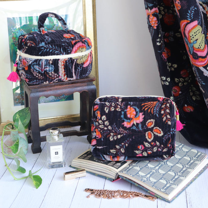 Handmade Printed Luxurious Velvel Quilted Cotton Makeup Pouch | Set Of 2 | 9 x 7 Inch