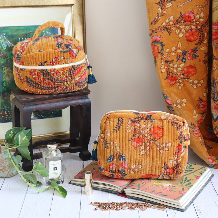 Handmade Printed Luxurious Velvel Quilted Cotton Makeup Pouch | Set Of 2 | 9 x 7 Inch