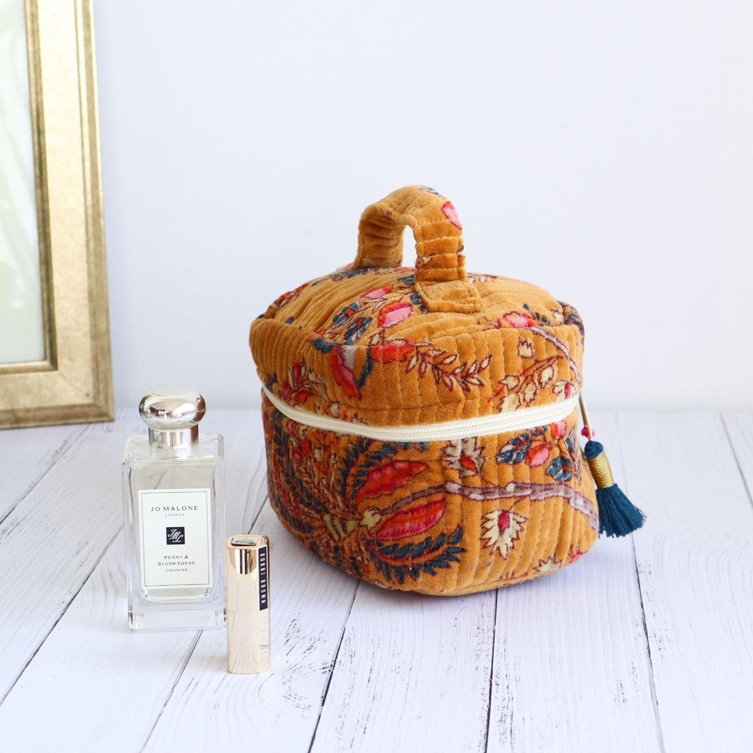 Handmade Printed Luxurious Velvel Quilted Cotton Makeup Pouch | Set Of 2 | 9 x 7 Inch
