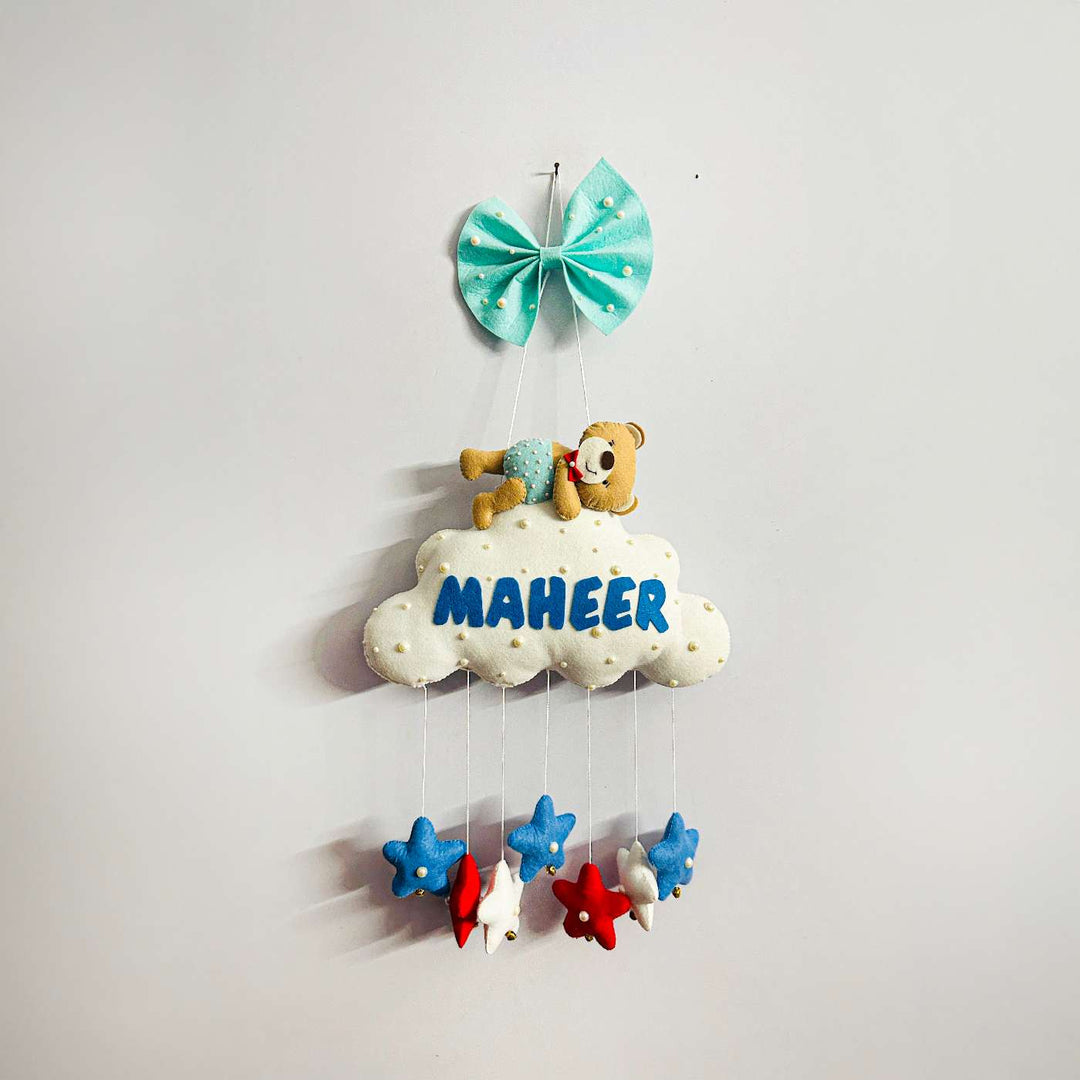 Personalized Handmade Teddy On Cloud Theme Felt Kids Name Plate
