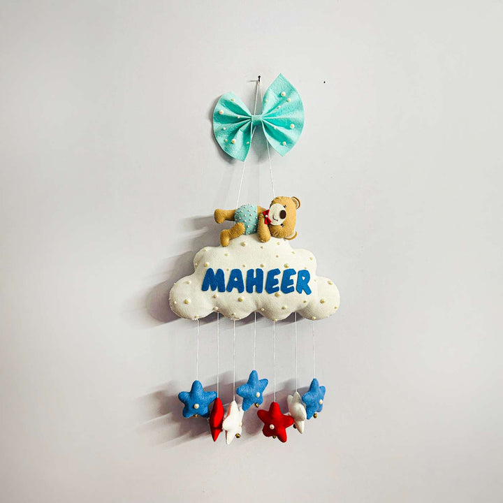 Personalized Handmade Teddy On Cloud Theme Felt Kids Name Plate