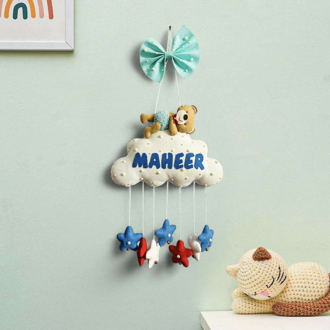 Personalized Handmade Teddy On Cloud Theme Felt Kids Name Plate