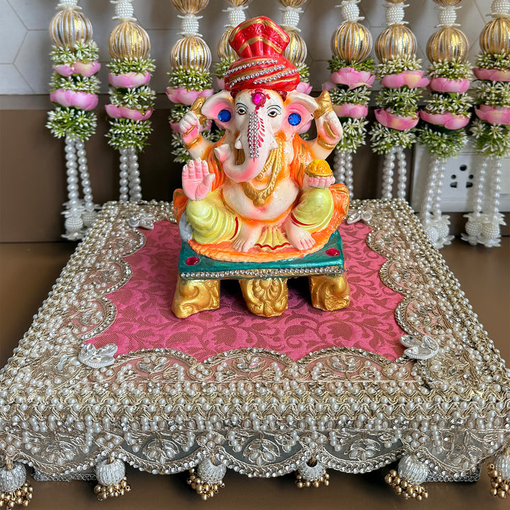 Pink Brocade Fabric Square Pooja Chowki For Home Temple Pooja Decor