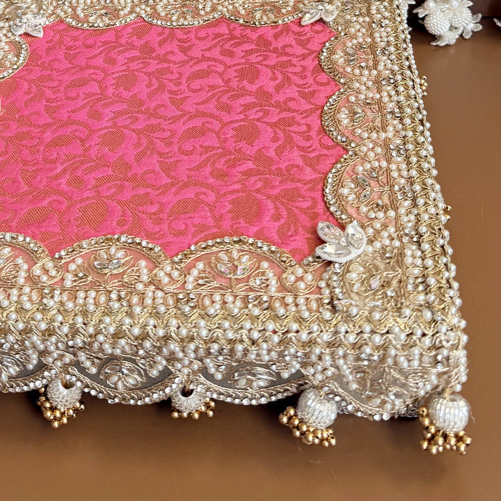 Pink Brocade Fabric Square Pooja Chowki For Home Temple Pooja Decor