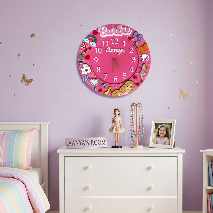 Personalised Barbie Theme Kids Wall Clock | 14 inch
