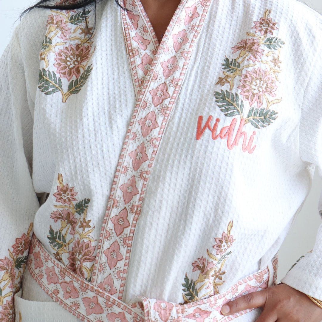 Personalized Handmade Block Printed Rose Gold Floral Cotton Bath Robes