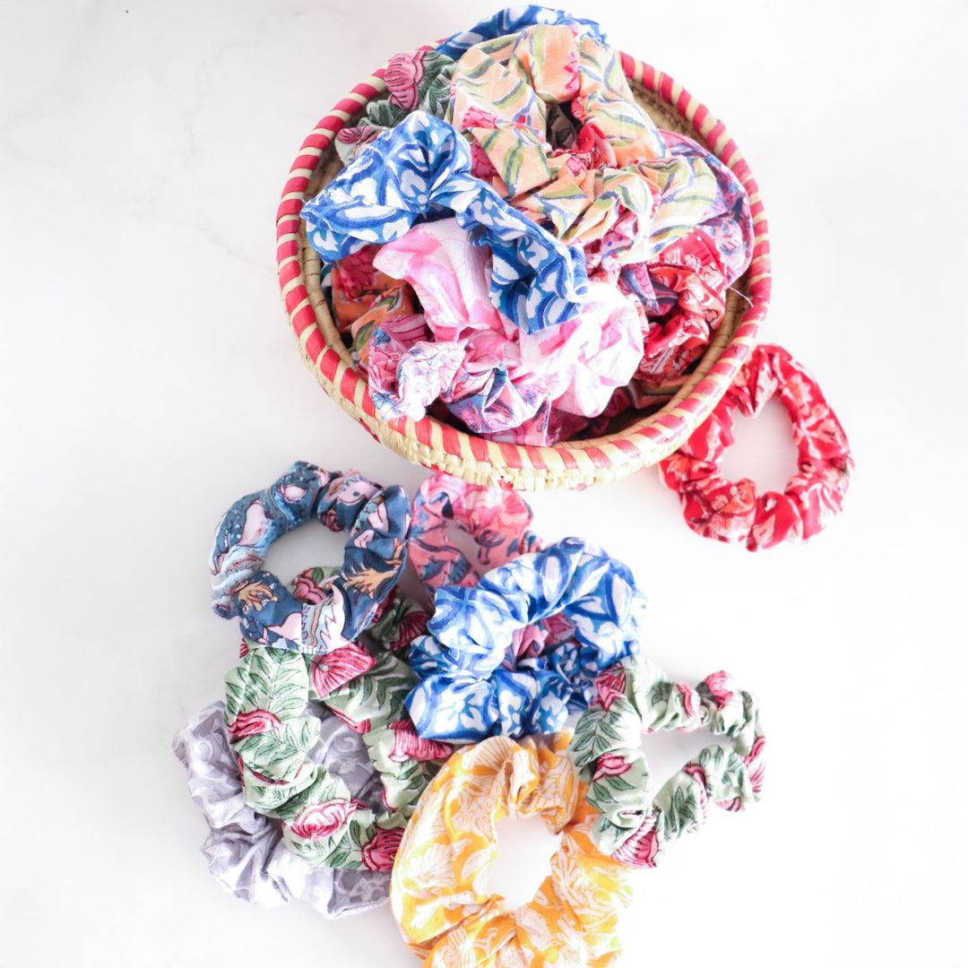 Assorted Handmade Block Printed Soft & Stretchy Cotton Scrunchies | Set Of 10