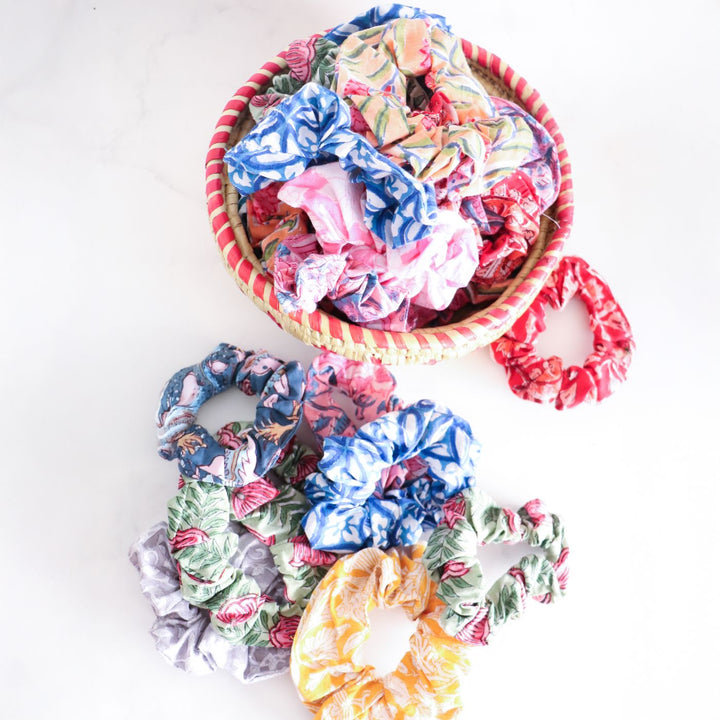 Assorted Handmade Block Printed Soft & Stretchy Cotton Scrunchies | Set Of 10