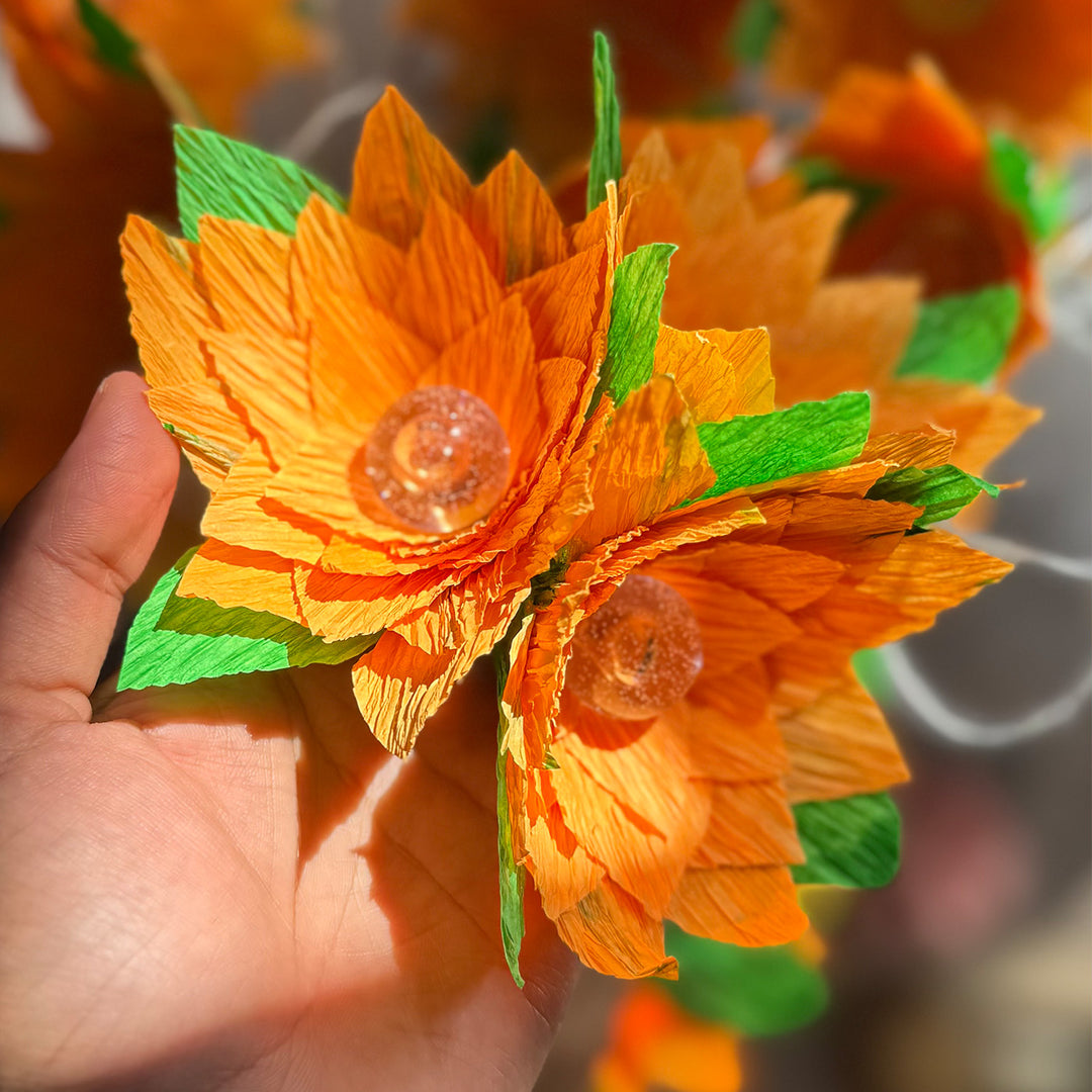 Handmade Phool Jhalar Crepe Paper Flower LED Fairy Light For Festive Decor - Peach & Green